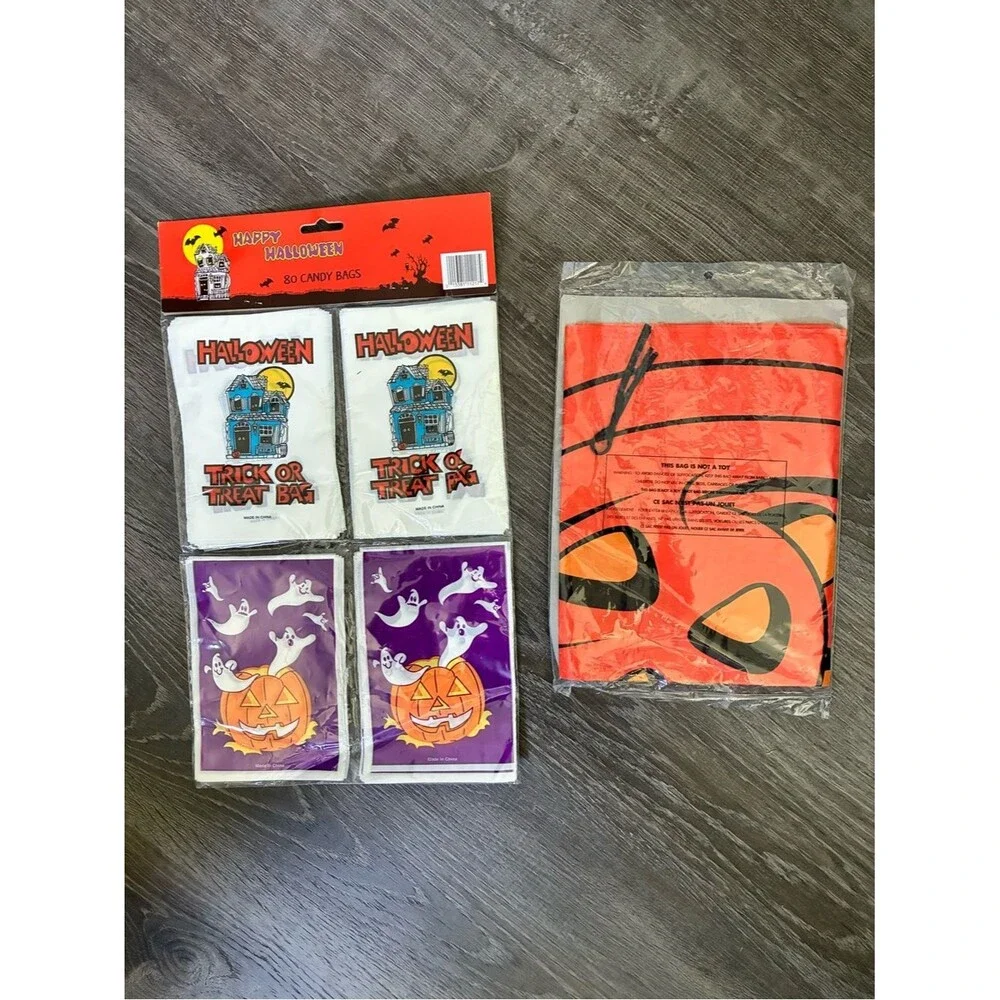 VTG Halloween Skeleton Banner Flag 28x43 Goodie Bags Pumpkin Leaf Lawn Bag Set